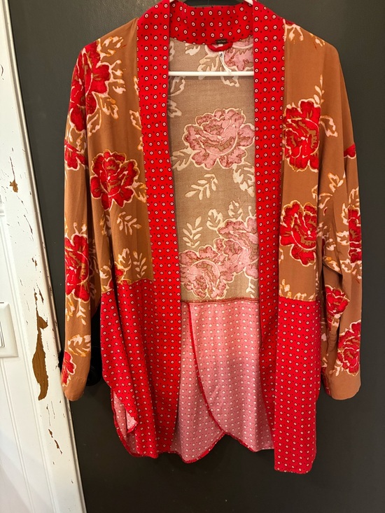 Free People Other - Free People Red & Tan Mixed-Print Cardigan/Cover up or Kimono